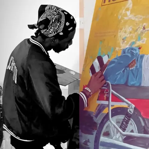 A black and white photograph of someone in a bandana and bomber jacket painting, beside a colour detail of the motorcycle taking shape under their hand