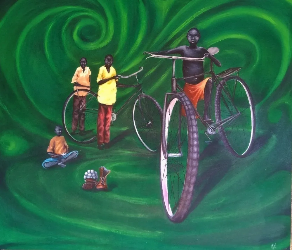 Three boys with bicycles far too tall for them against swirling green, one sitting on the ground beside a toy made from a tin