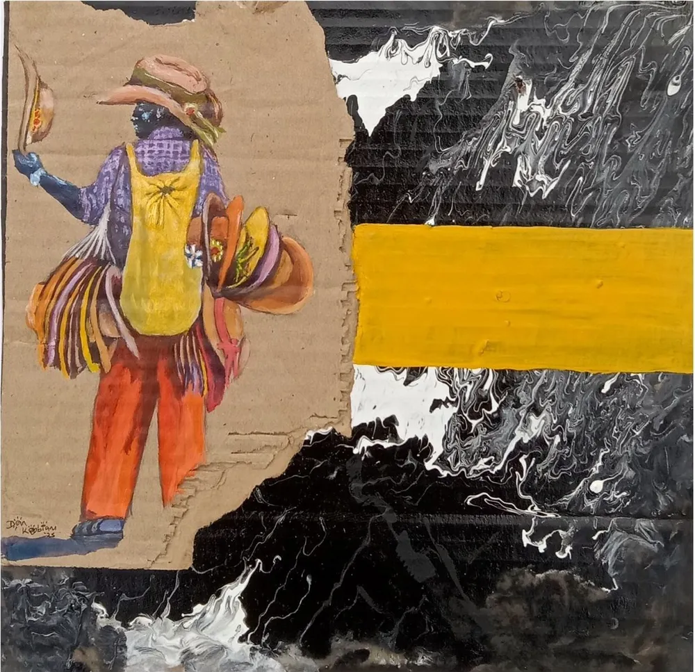 A hat seller with stacks of hats over both arms and one held up for sale, painted on cardboard against a yellow band
