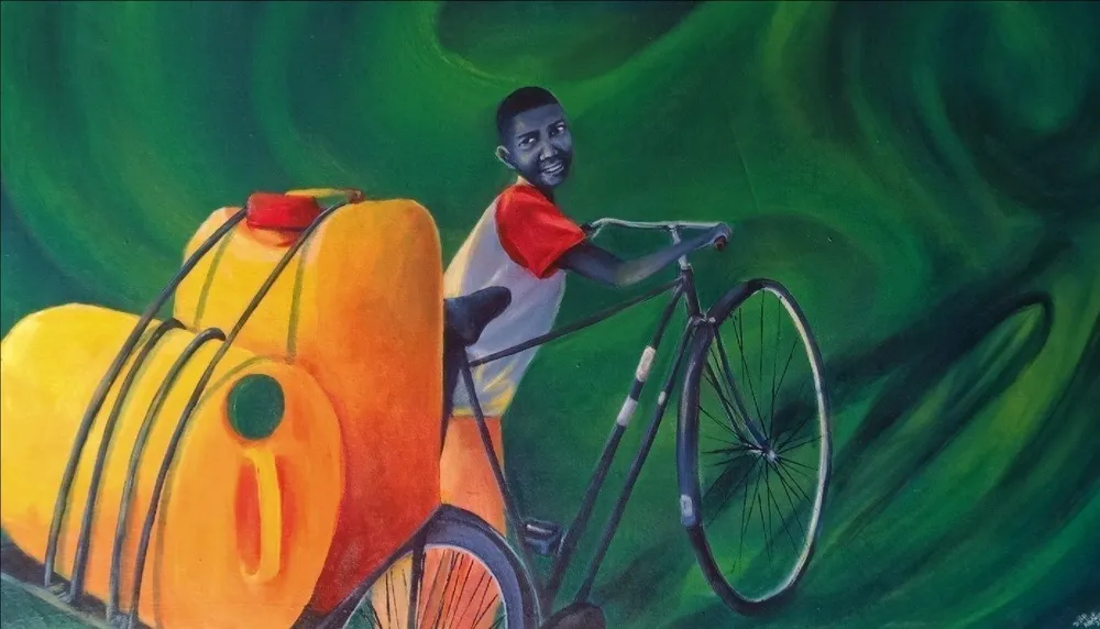 A boy pushes a bicycle loaded with two yellow water cans across a ground of swirling green