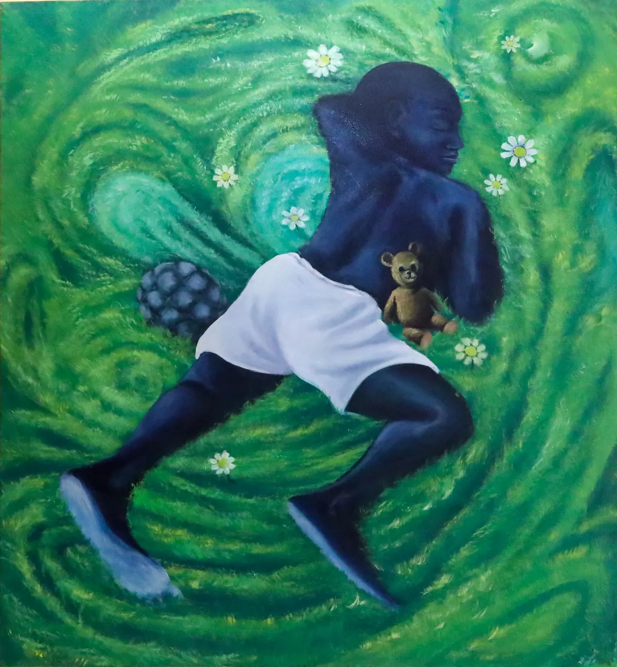 A figure lying asleep on swirling green grass in a white vest, a small toy bear tucked against their back and daisies scattered around them