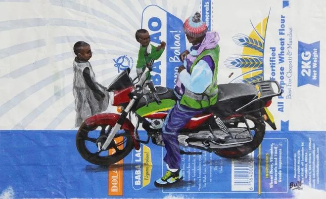 A rider with a small passenger behind him and another child standing alongside, painted on blue Baba Lao wheat flour packaging
