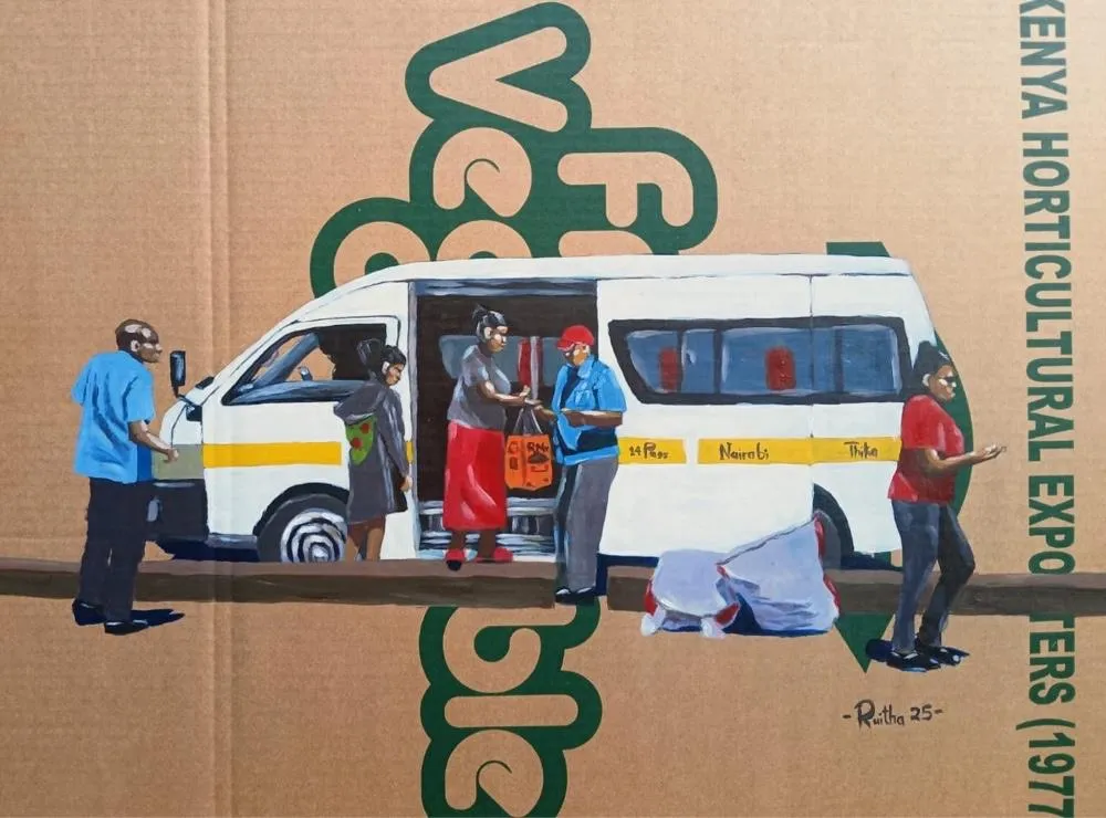 A white matatu at a stage with passengers boarding and a conductor taking a fare, painted on a Kenya Horticultural Exporters vegetable carton, the side board reading Nairobi and Thika