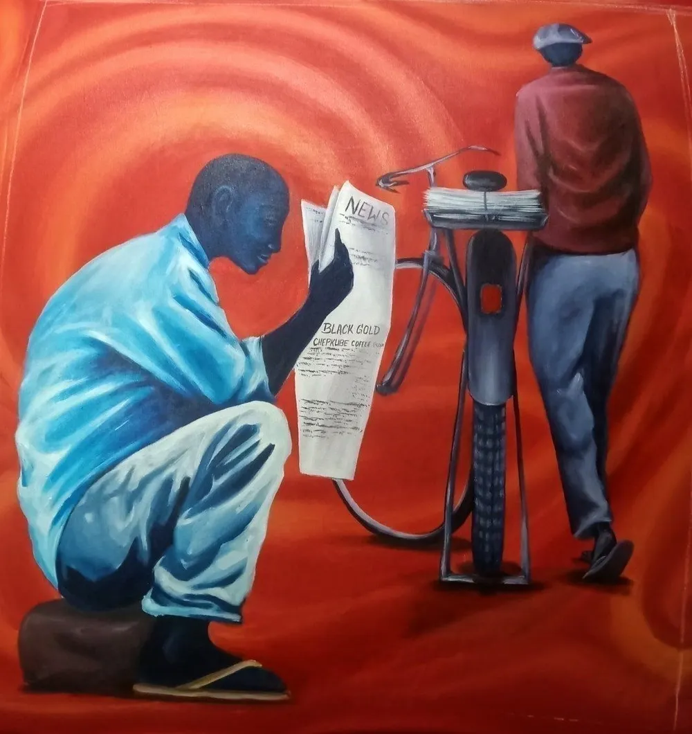 A man crouches to read a newspaper spread over the cargo rack of a bicycle while another walks away, against a deep red ground