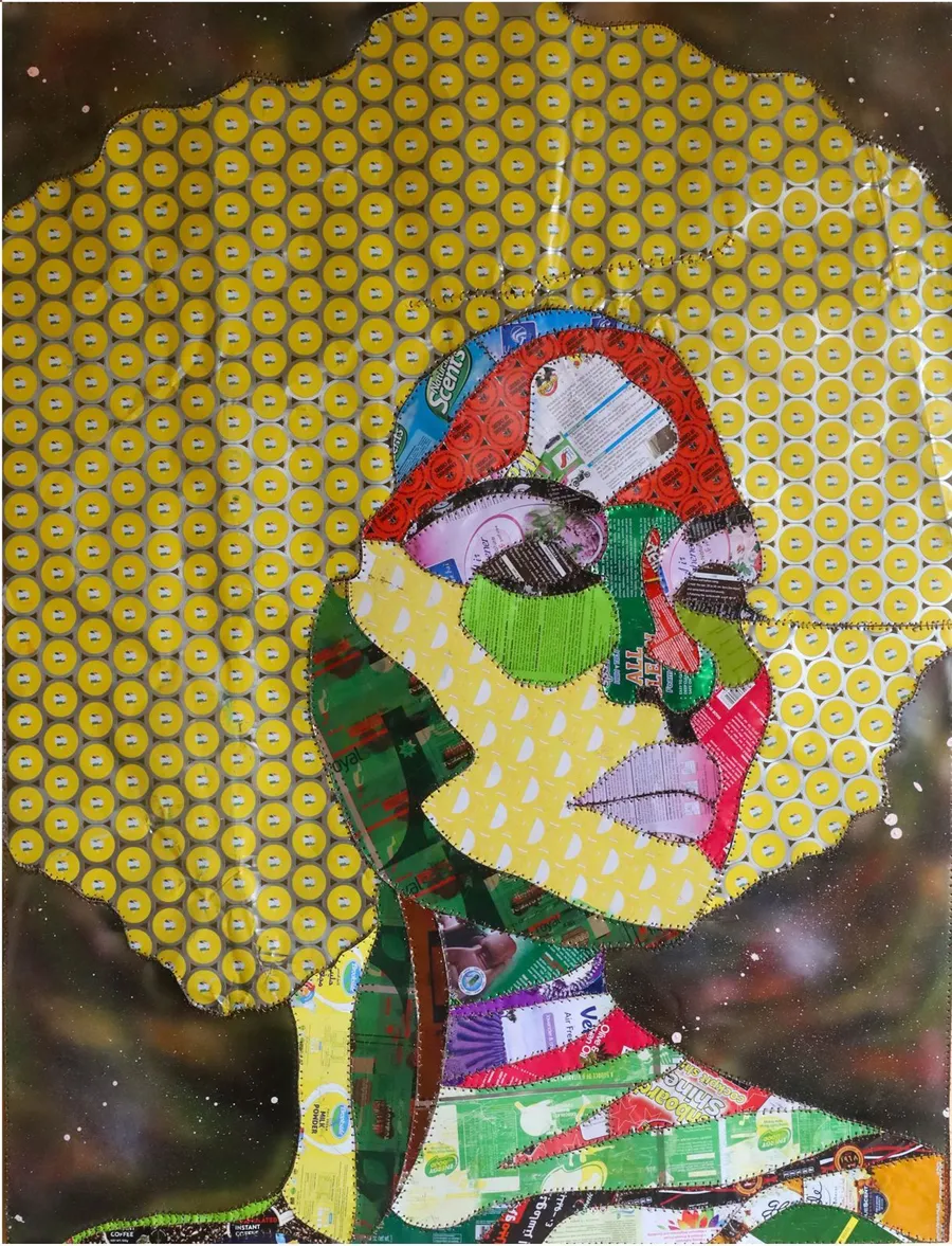 A head and shoulders against a yellow honeycomb ground, the face assembled from red, green and printed packaging pieces