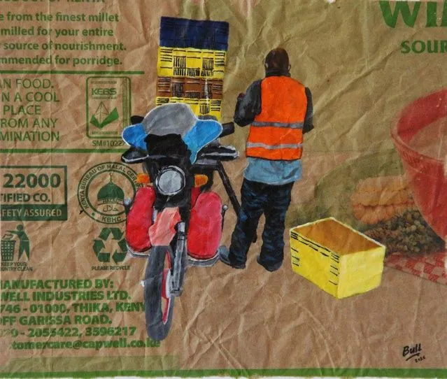 A man in an orange vest lifting a yellow crate onto a motorcycle already loaded with bags, painted on brown millet packaging