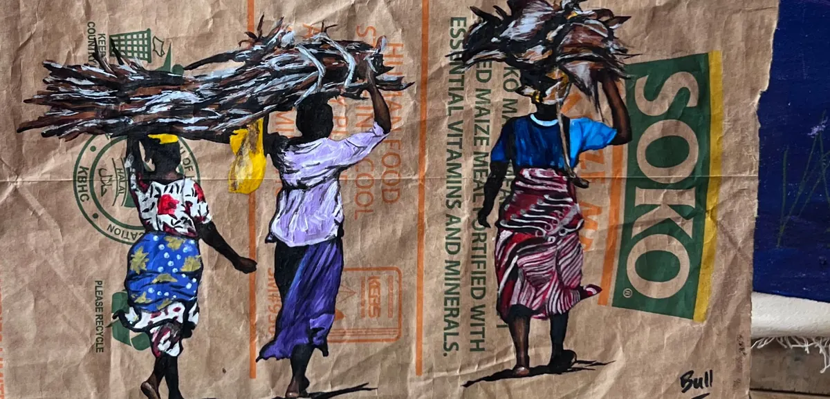 Three figures walking in line, each balancing a large bundle of firewood on their head, painted across a flattened Soko maize meal sack