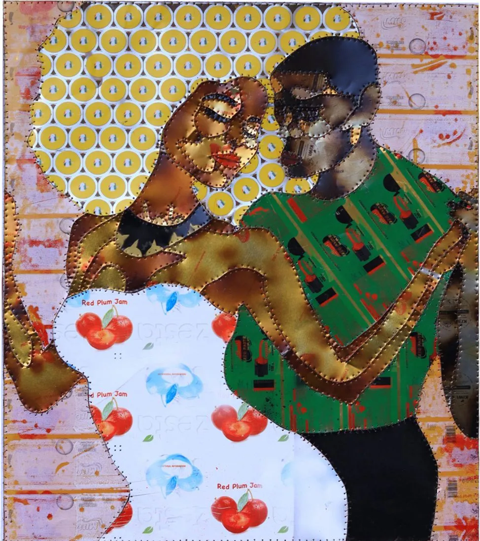 Two figures close together, one in a green patterned top, against a wall of gold dots and cherry printed cloth