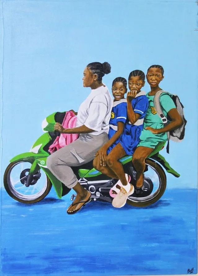 A woman riding a green motorcycle with three children in school uniform behind her, against a pale blue ground