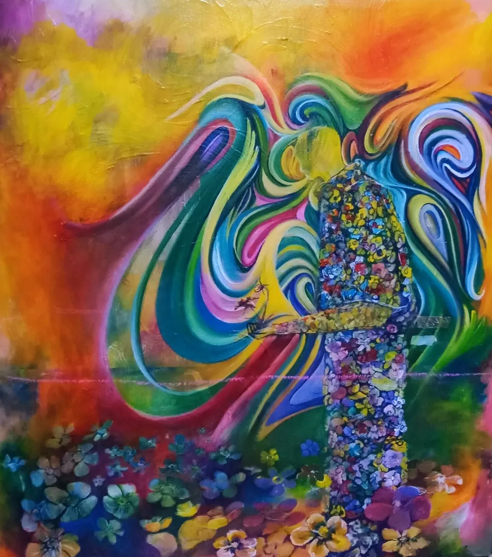 A figure seen from behind, coat and hat made entirely of painted flowers, against swirls of green and gold above a bed of blossom