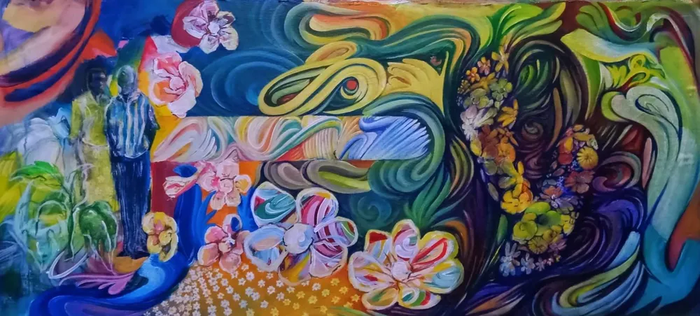 A wide canvas, two pale figures at the left, the rest given over to flowers and ribbons of colour unspooling to the right