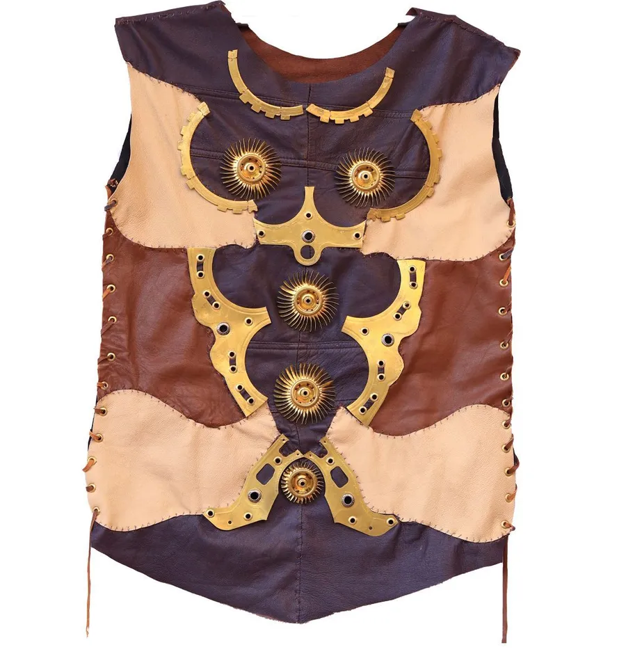 A leather bodice in tan and dark brown with three brass rosettes down the front and leather ties at the sides