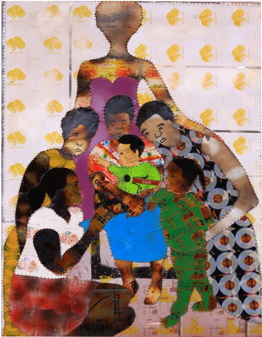 A tall standing figure on a gold dotted ground with a group of smaller figures and a child gathered at the waist