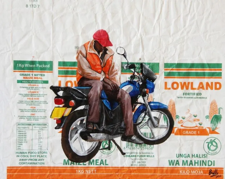 A rider in a red cap and orange high visibility vest sitting on a blue motorcycle, painted on Lowland maize meal packaging
