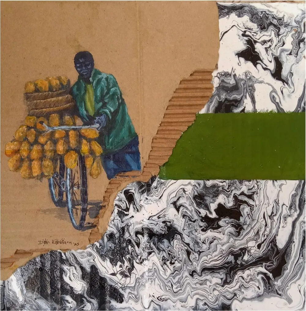 A man pushing a bicycle stacked with yellow cones and bundles, on cardboard against a green band and marbled paint
