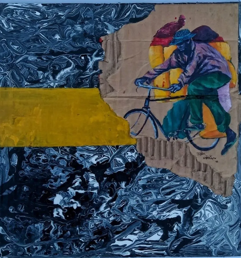 A cyclist carrying a yellow load, painted on torn cardboard against a yellow band and marbled black and white paint