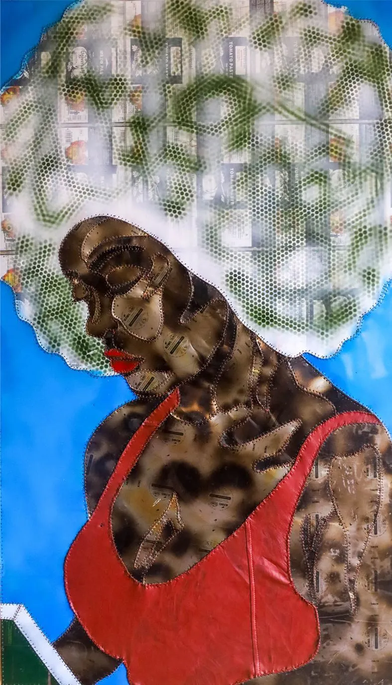 A figure in profile on a blue ground, face and body in scorched panels, a red leather bag at the shoulder, hair a cloud of green netting over pale labels