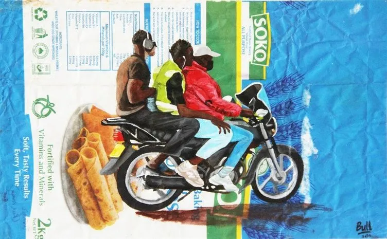 Three passengers crowded onto one motorcycle, the middle one in a yellow vest, painted on blue and white Soko packaging printed with bread