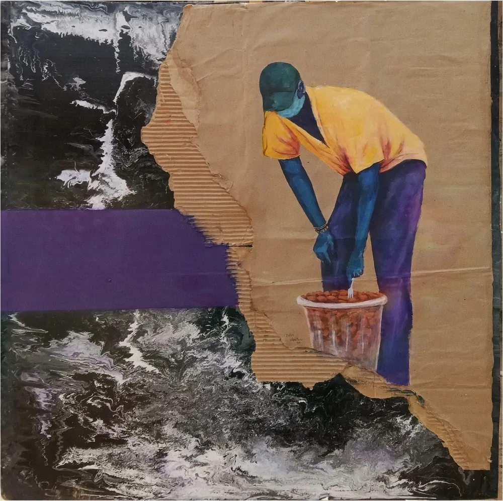 A cook in a yellow shirt bending over a basin of frying dough, painted on torn cardboard with a purple band