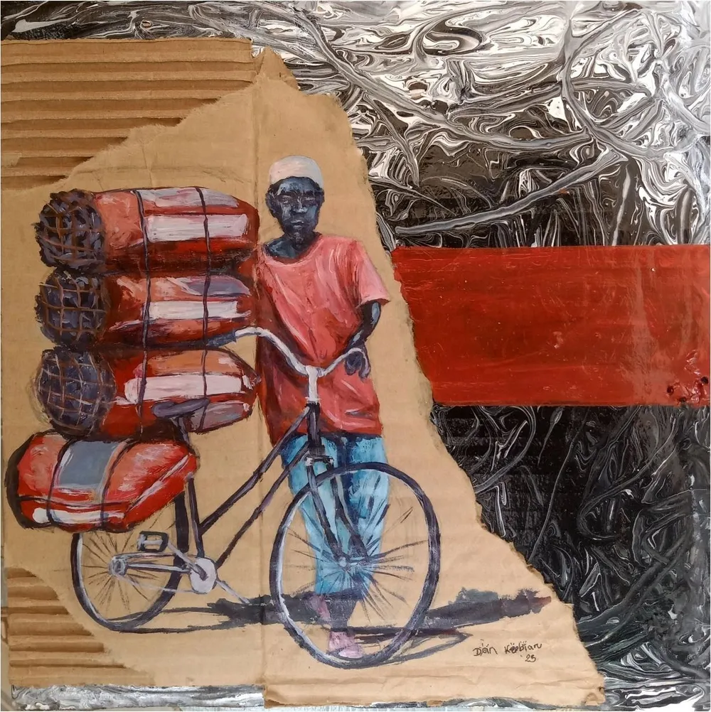 A man standing with a bicycle loaded with four bundles of charcoal, painted on cardboard against a red band and silvery poured paint