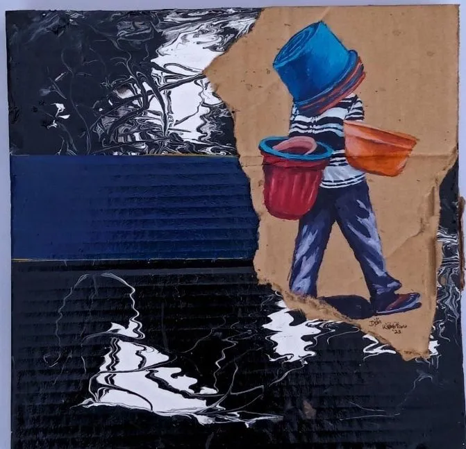 A man walking with a stack of basins on his head and a bucket in each hand, on torn cardboard against a dark blue band
