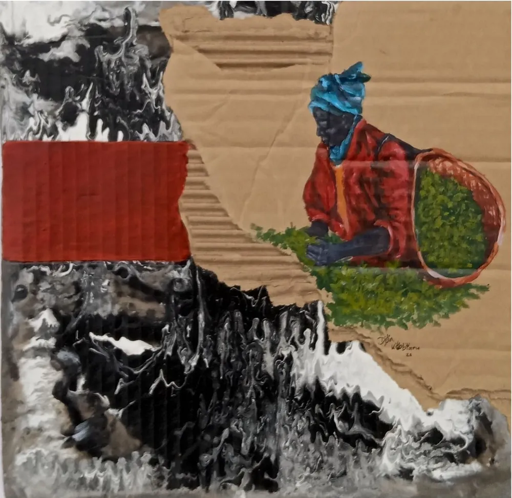 A tea picker in a red coat and blue headwrap kneeling among green bushes with a basket at her side, on torn cardboard with a red band