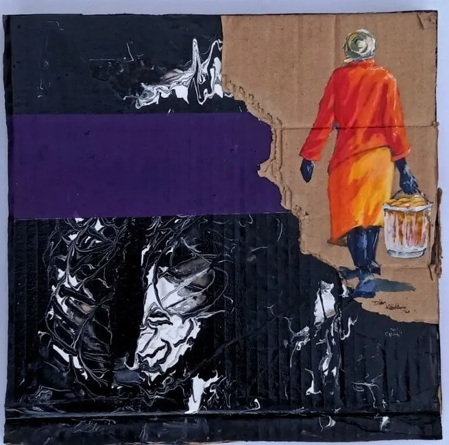 A woman in an orange dress walking away with a bucket in her hand, on cardboard with a purple band over poured black and white paint