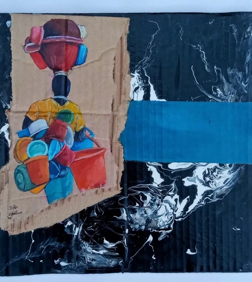 A trader balancing stacked basins and buckets on her head, painted on torn cardboard set against poured black and white paint with a band of blue