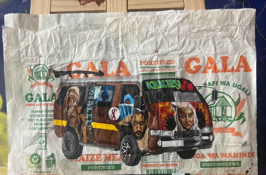 A matatu painted across a flattened Gala maize meal sack, passengers at every window and the word Khaleesi lettered along the bodywork