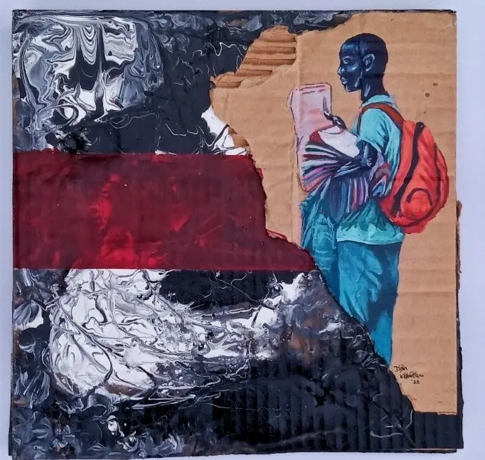 A young man in a blue jacket with a red rucksack sorting through clothes, on cardboard against a dark red band