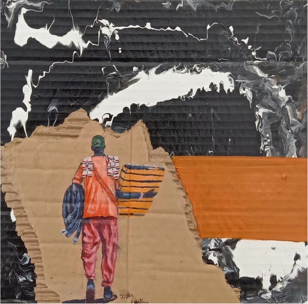 A man walking away carrying a stack of yellow crates and a bundle, on torn cardboard against an orange band