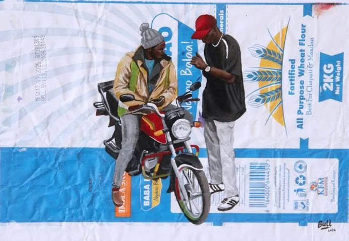 A rider on a red motorcycle looking up at a man in black who is checking his watch, painted on white and blue wheat flour packaging