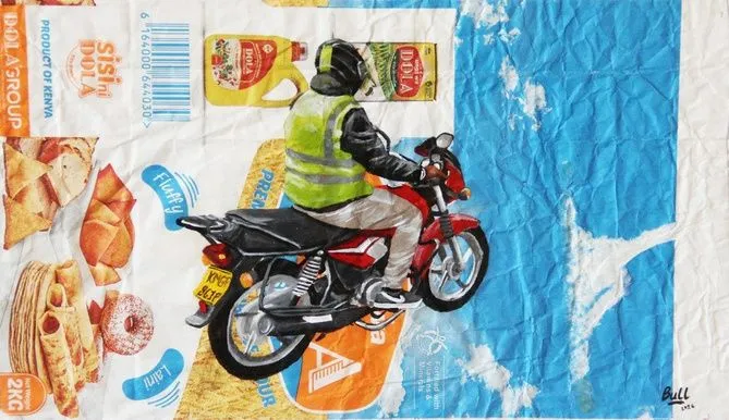 A rider in a yellow vest on a red motorcycle, painted on white and blue packaging printed with bread and pastries