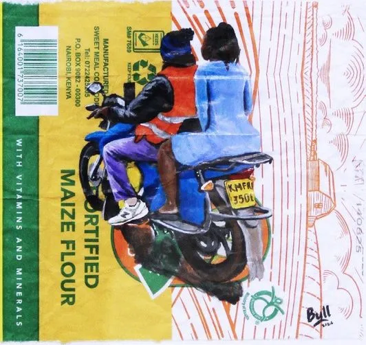 Three riders close together on a single motorcycle seen from behind, painted on yellow Fortified Maize Flour packaging