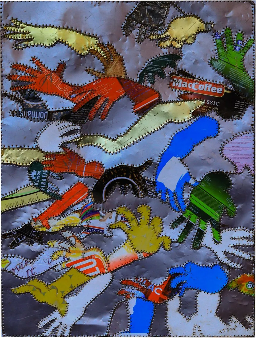 Dozens of open hands in packaging colours overlapping across the surface, red, green, blue and silver, on a grey ground