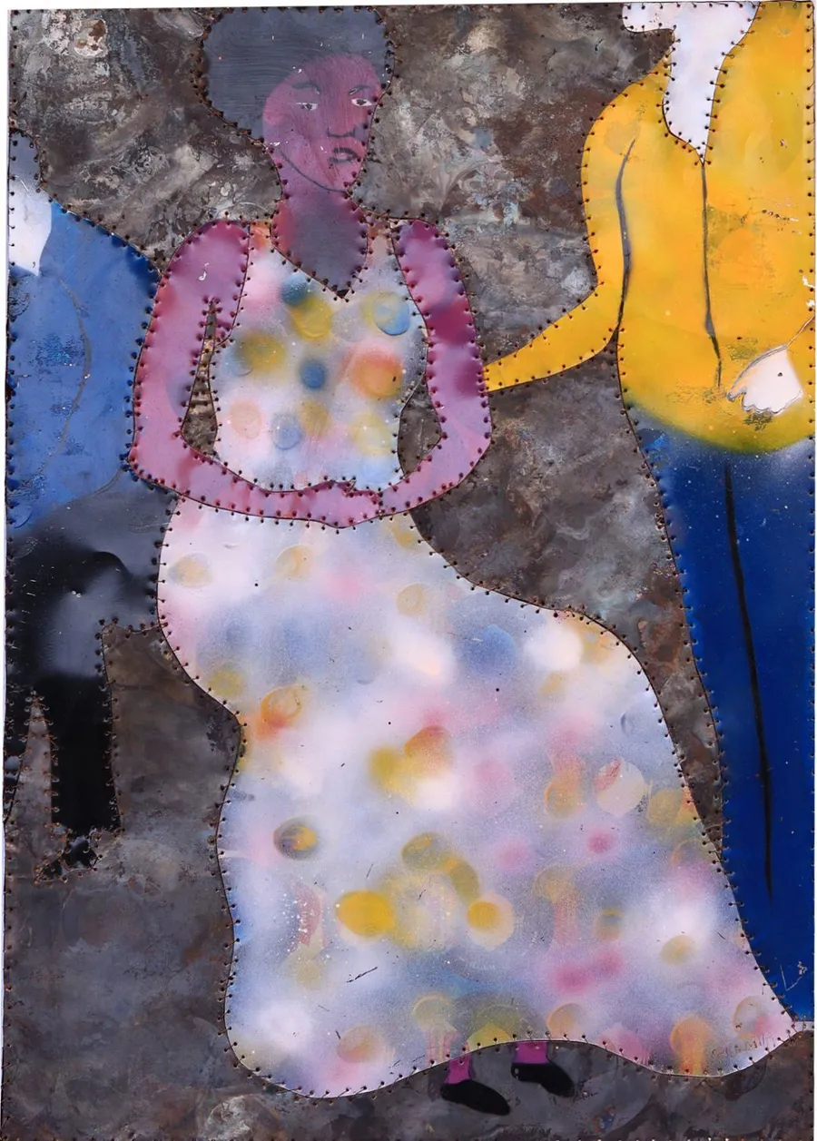 Two seated figures turned away from each other, one in a pale flowered dress and one in yellow, on a mottled ground