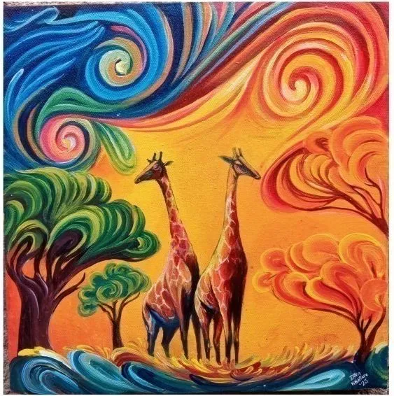 Two giraffes walk through curling bands of blue, orange and green, the trees on either side painted as spirals