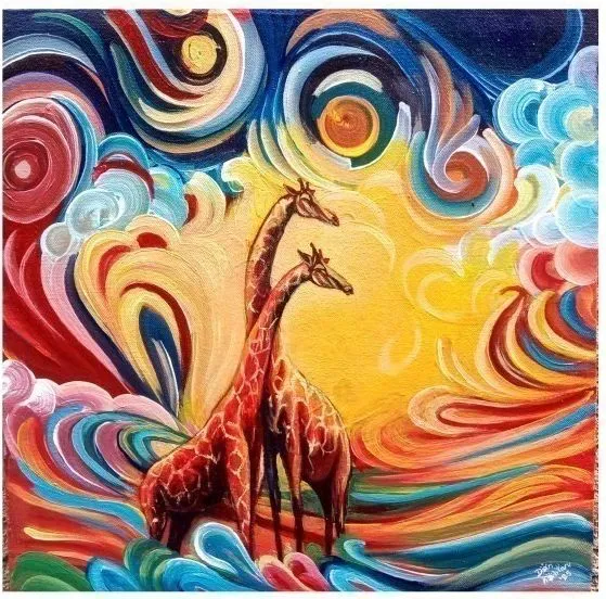 Two giraffes against a yellow sun, surrounded by curling waves of red, blue and white