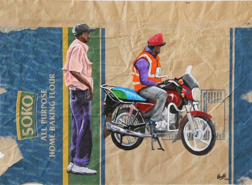 A rider in an orange vest on a red motorcycle beside a man in a pink shirt, painted on blue and brown Soko baking flour packaging