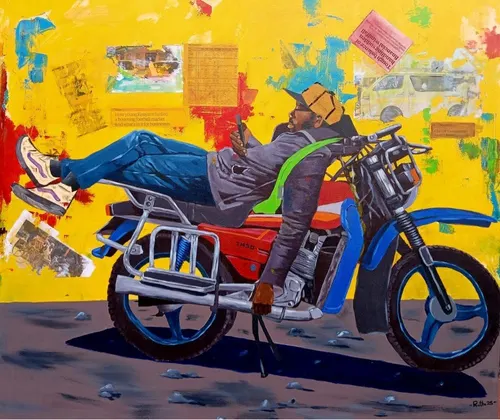 A rider stretched out along his motorcycle against a wall of pasted cuttings, by John Ruitha Maina