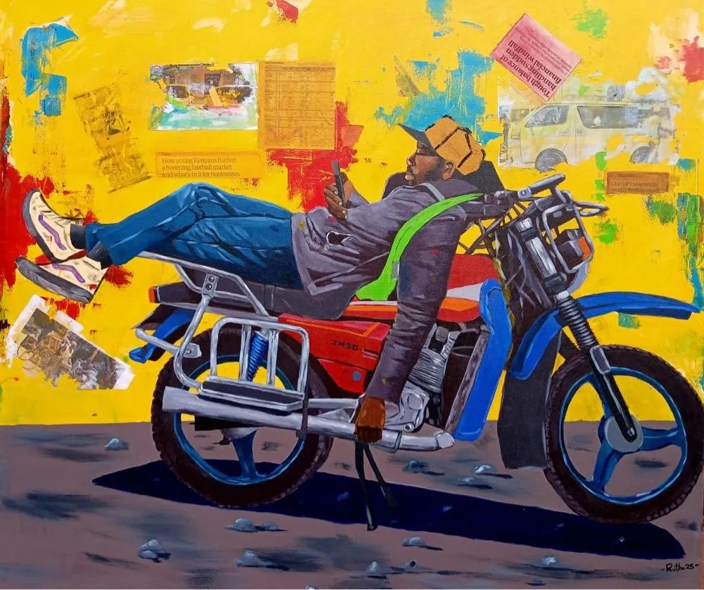 A rider lying back along the seat of a red and blue motorcycle with his phone in his hand, against a yellow wall of pasted newspaper cuttings