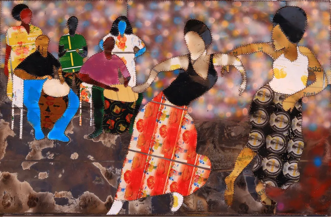 A band playing, drummers and dancers in printed cloth spread across a speckled ground
