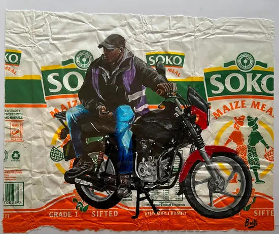 Rider on a red bike, painted on a Soko maize meal sack