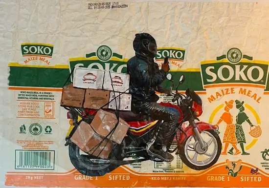 Rider carrying stacked boxes, painted on a Soko maize meal sack