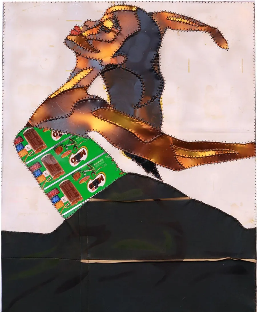 A dancer thrown back mid movement, body in scorched panels, a green printed skirt, against pale paper and a black band