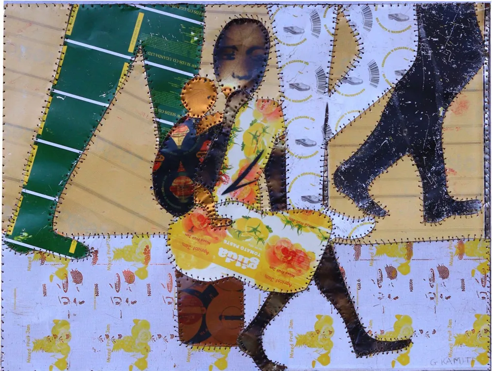 A seated figure holding a child at the centre, a striding figure at either side, on a pale printed ground