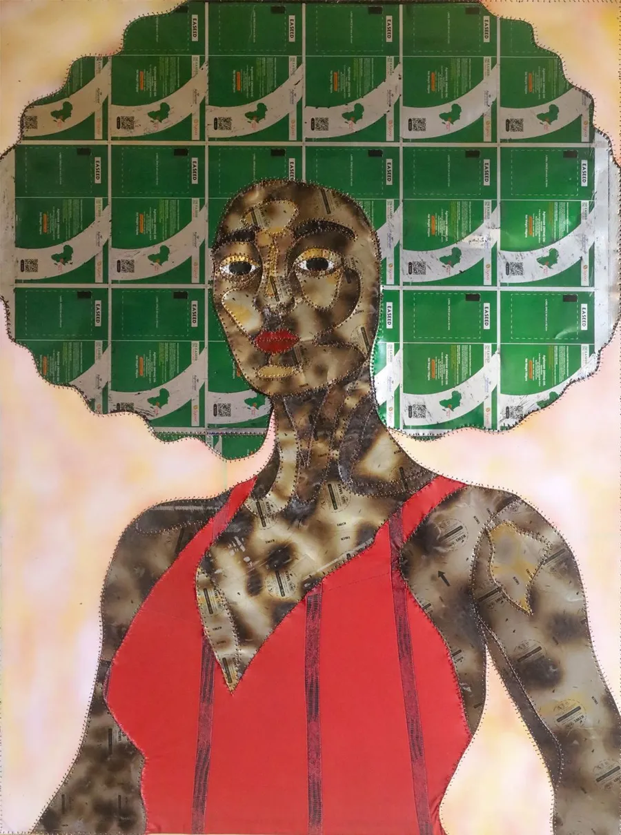 Woven sun and copper, a stitched portrait crowned with a grid of green packaging, in a deep red dress
