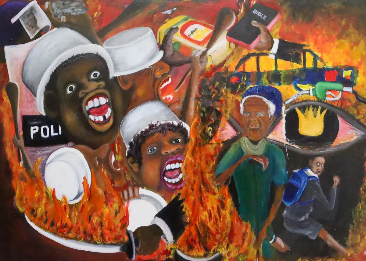 A crowded painting of a street confrontation. Helmeted figures with riot shields and batons fill the left, mouths open mid shout, flames run across the centre, a hand holds up a Bible, and a child in school uniform runs at the right