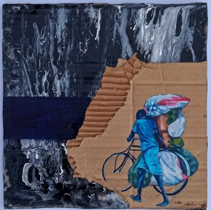 A woman cycling with a bundle balanced on her head, painted on torn cardboard against a deep blue band