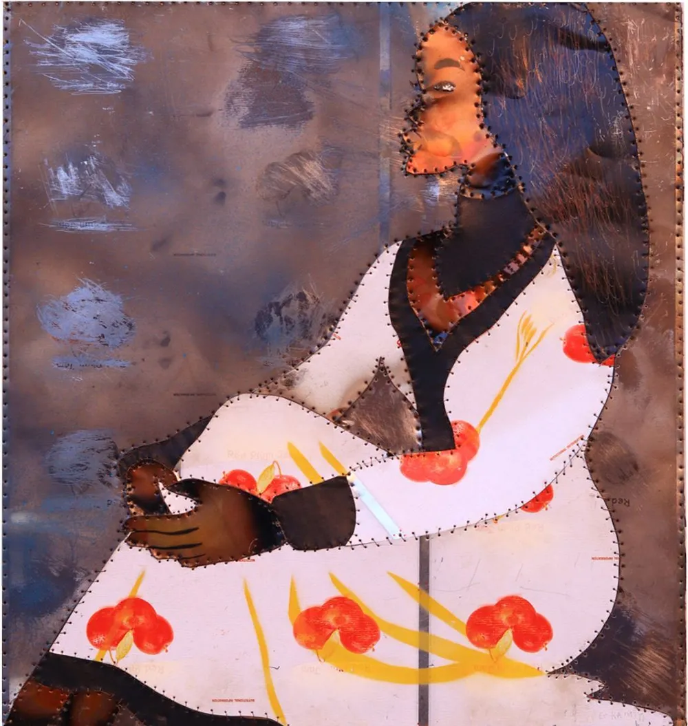 A seated figure in a white dress scattered with red flowers, leaning on one arm, against a smoky brown ground